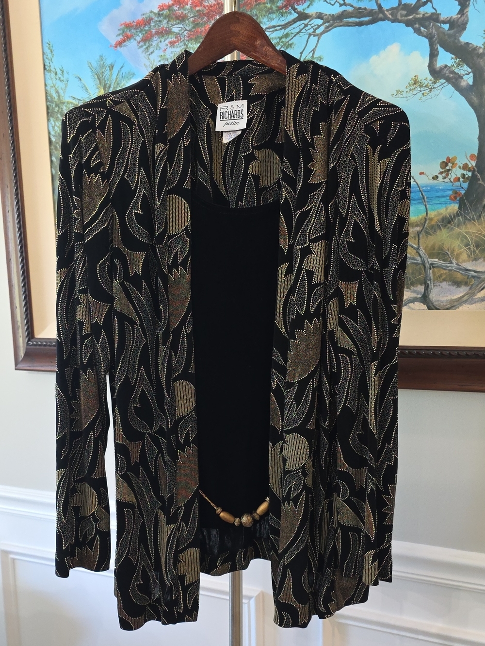 R&M Richards Black Attached Shirt / Jacket with Gold Metallic Leaf Pattern